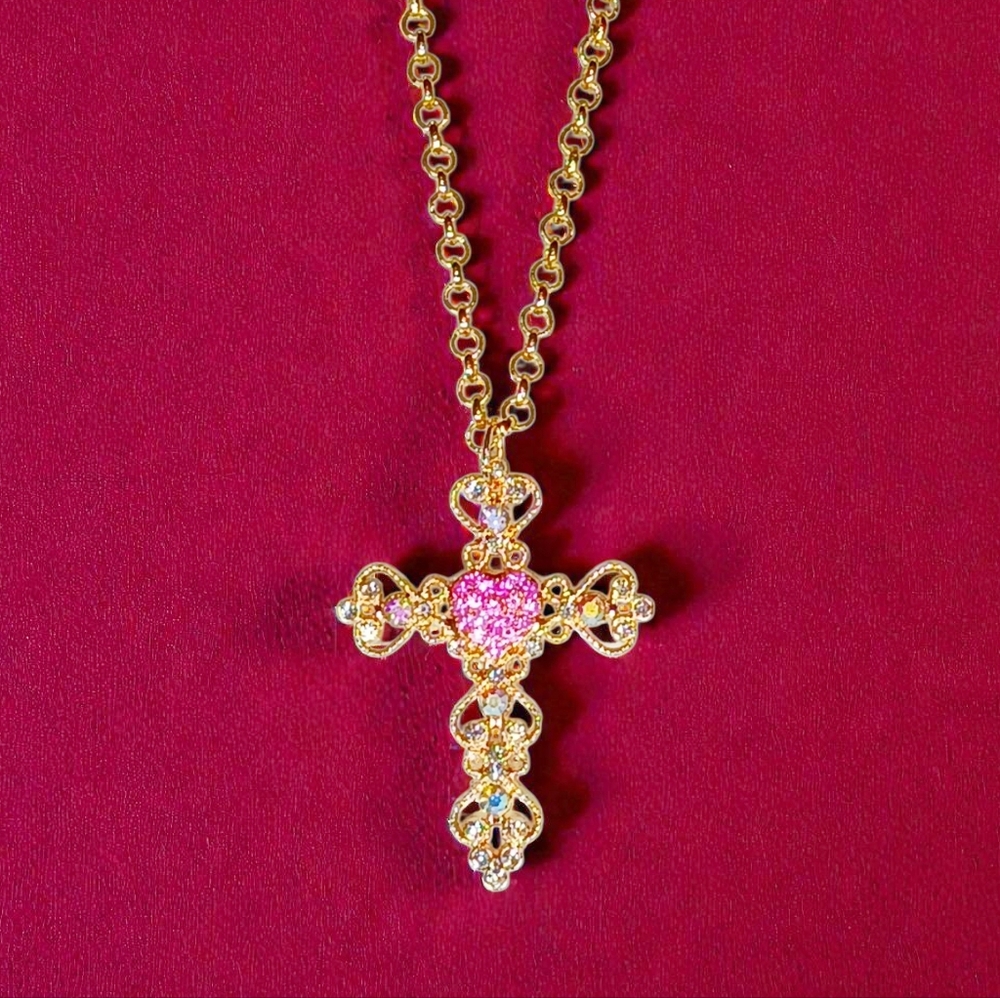Gold Enchanted Choker Cross Charm Iced Out Coquette Grunge Modern Retro Glam Y2k